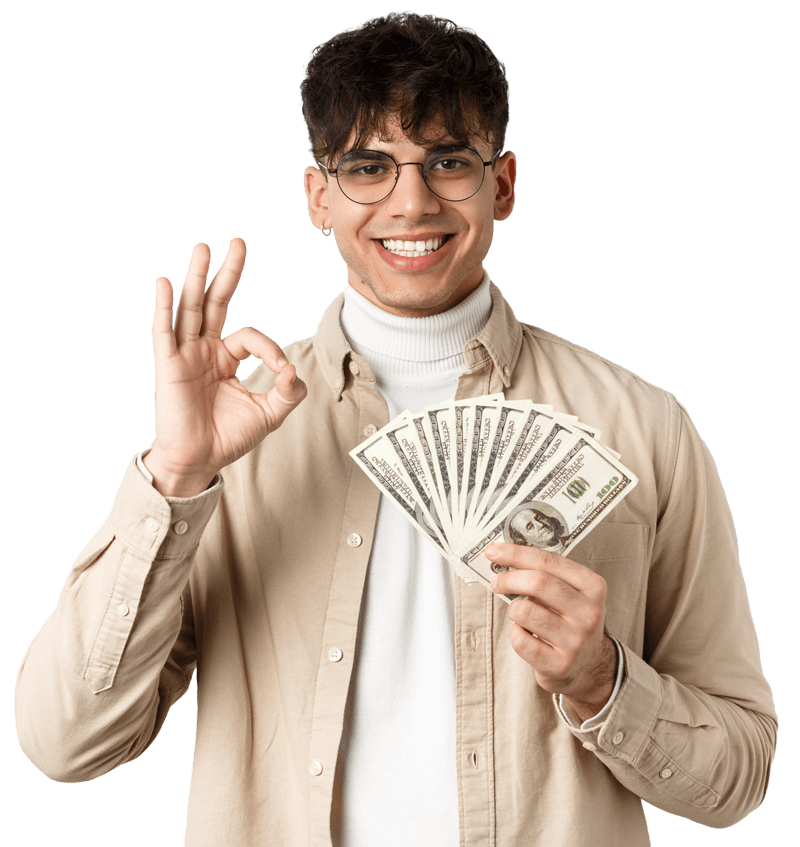 handsome modern man in glasses showing dollar bill PYVVA3D 1